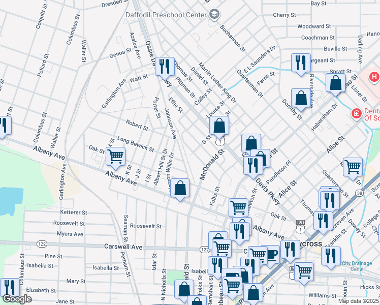 map of restaurants, bars, coffee shops, grocery stores, and more near 825 Arnold McKinney Drive in Waycross