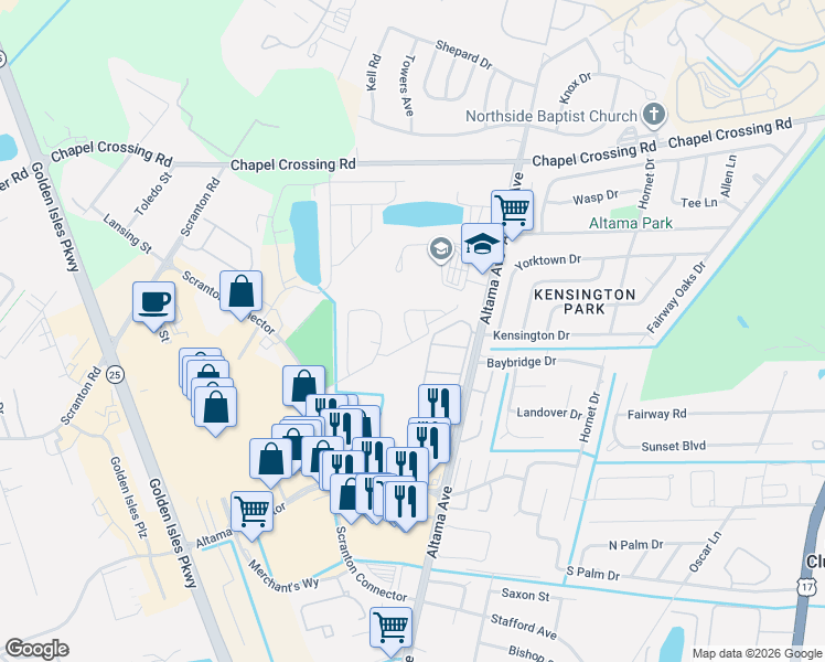 map of restaurants, bars, coffee shops, grocery stores, and more near 500 Waterstone Circle in Brunswick