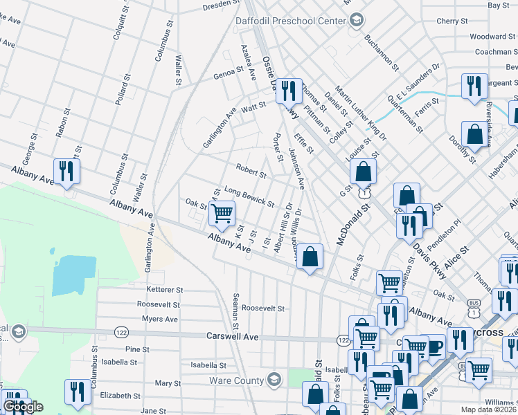 map of restaurants, bars, coffee shops, grocery stores, and more near 905 J Street in Waycross