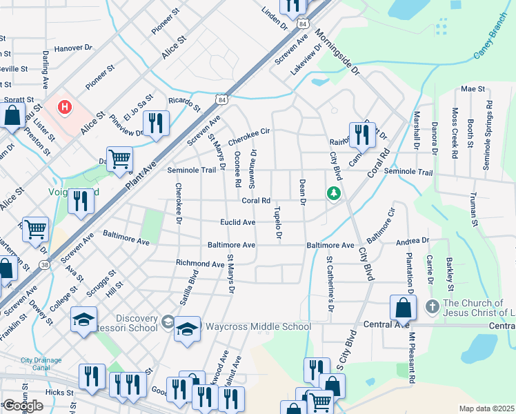 map of restaurants, bars, coffee shops, grocery stores, and more near 809 Coral Road in Waycross