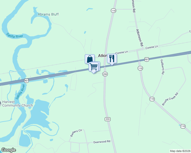 map of restaurants, bars, coffee shops, grocery stores, and more near 21361 U.S. 82 in Brantley County
