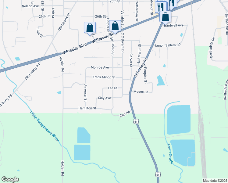 map of restaurants, bars, coffee shops, grocery stores, and more near 709 Mc Comb Street in McComb