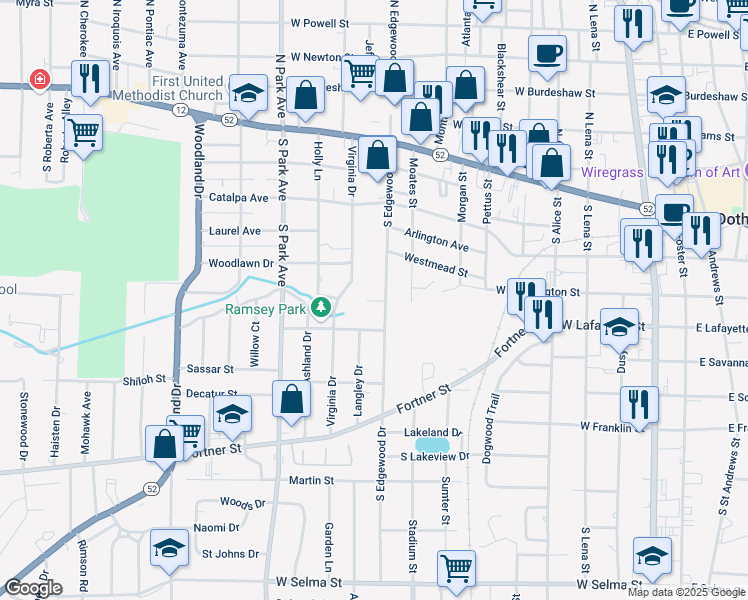 map of restaurants, bars, coffee shops, grocery stores, and more near 700 S Edgewood Dr in Dothan