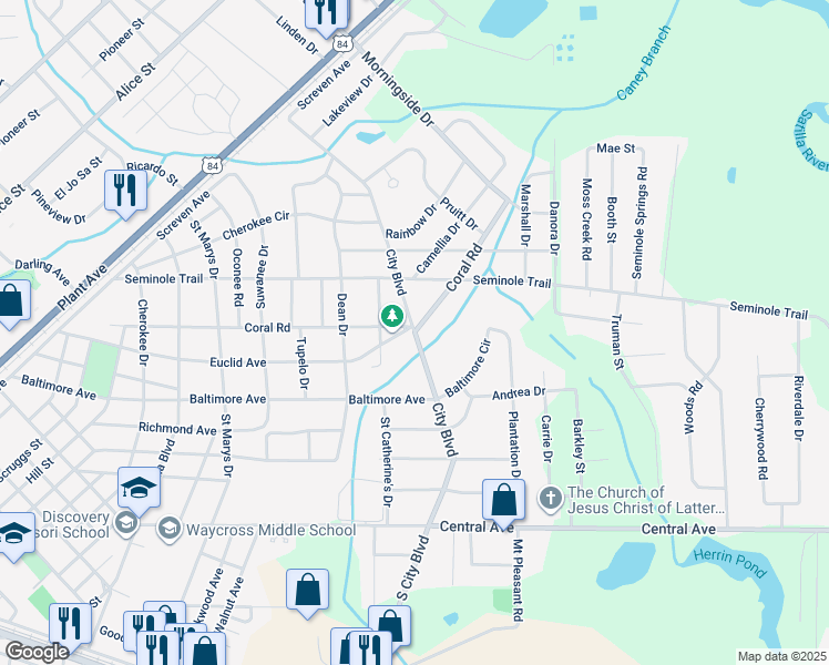 map of restaurants, bars, coffee shops, grocery stores, and more near 1300 Coral Road in Waycross