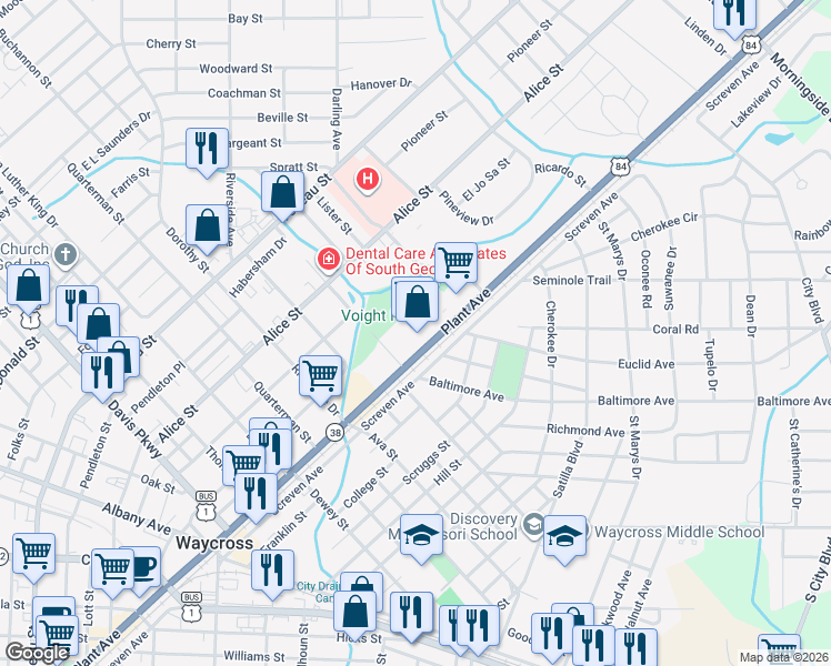 map of restaurants, bars, coffee shops, grocery stores, and more near 1630 Plant Avenue in Waycross