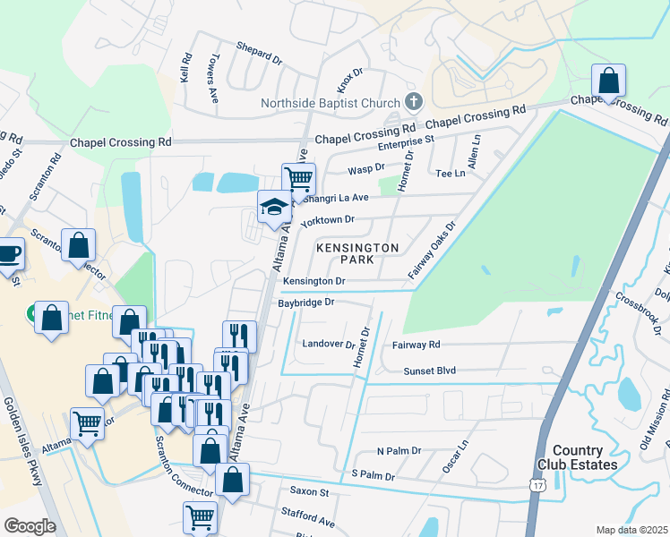 map of restaurants, bars, coffee shops, grocery stores, and more near 117 McDowell Avenue in Brunswick