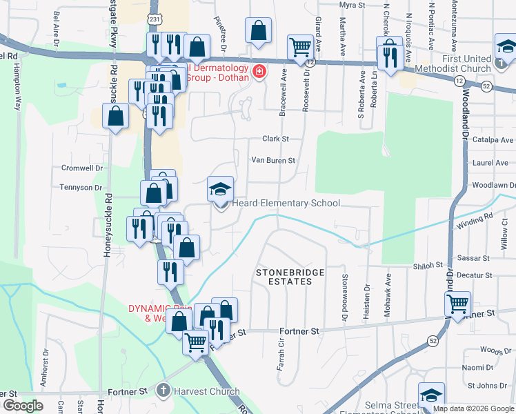 map of restaurants, bars, coffee shops, grocery stores, and more near 1821 Haisten Drive in Dothan