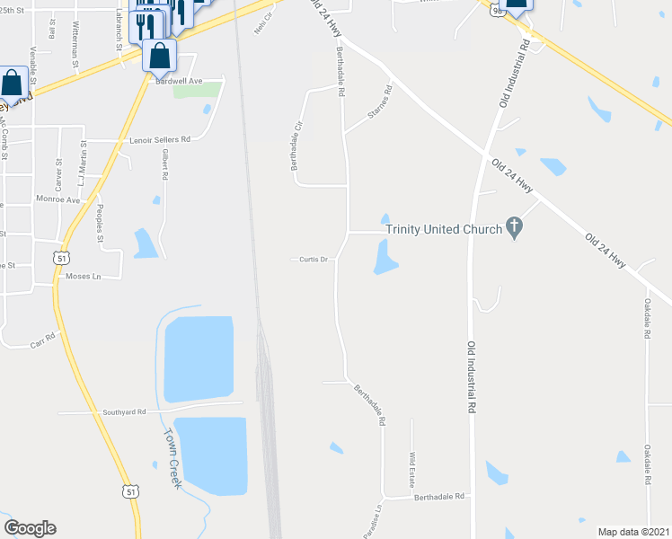 map of restaurants, bars, coffee shops, grocery stores, and more near 1465 Berthadale Road in McComb