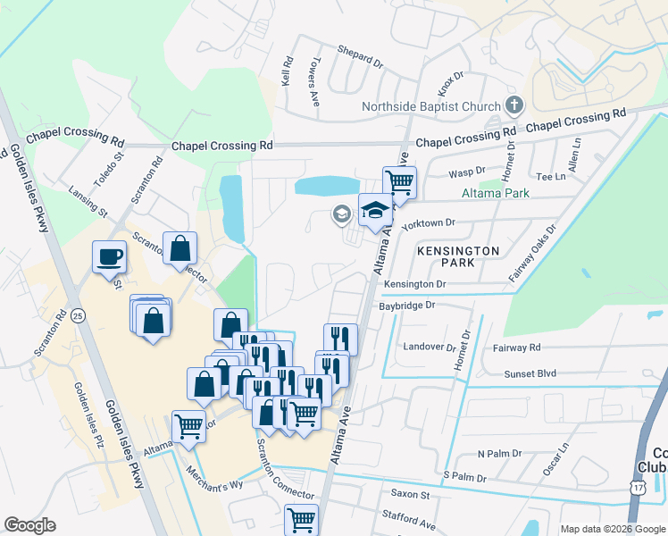 map of restaurants, bars, coffee shops, grocery stores, and more near 531 Waterstone Circle in Brunswick