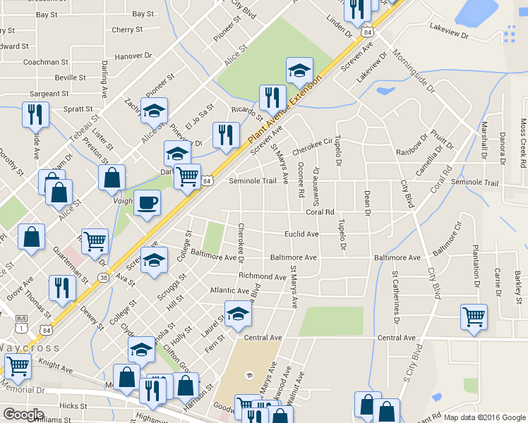 map of restaurants, bars, coffee shops, grocery stores, and more near 1500 Satilla Boulevard in Waycross