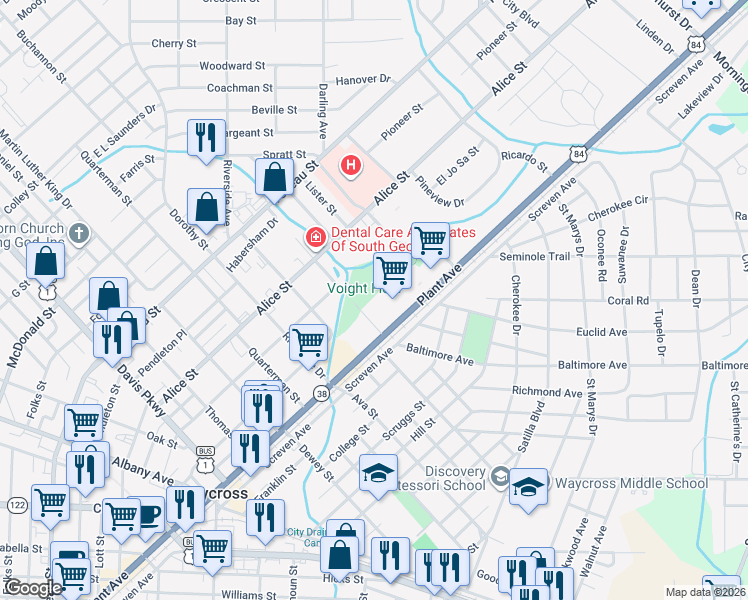 map of restaurants, bars, coffee shops, grocery stores, and more near 1630 Plant Avenue in Waycross