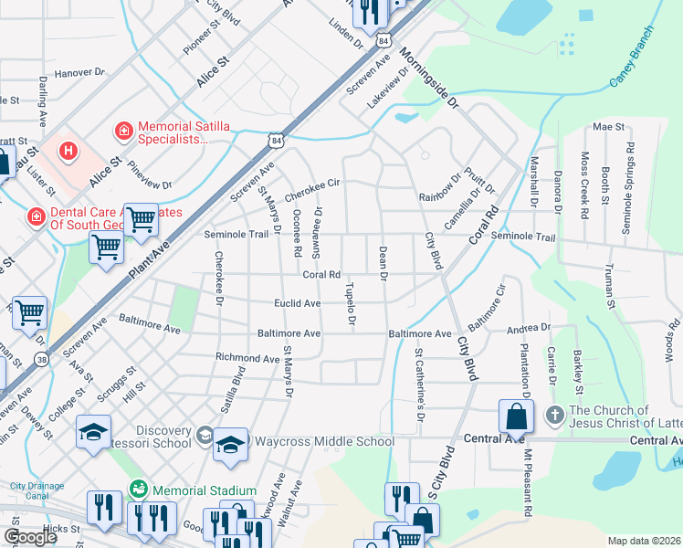 map of restaurants, bars, coffee shops, grocery stores, and more near 1001 Coral Road in Waycross