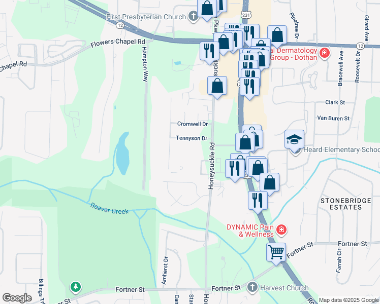 map of restaurants, bars, coffee shops, grocery stores, and more near 718 Honeysuckle Road in Dothan