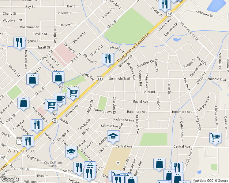 map of restaurants, bars, coffee shops, grocery stores, and more near 1500 Cherokee Drive in Waycross