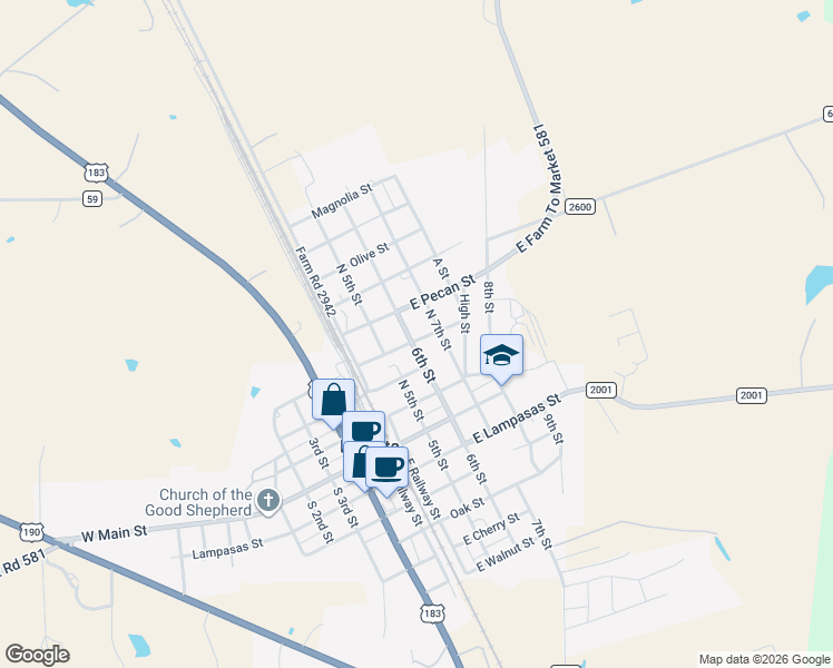 map of restaurants, bars, coffee shops, grocery stores, and more near 303 Cedar Street in Lometa