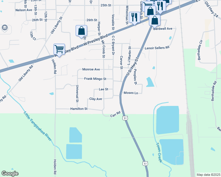 map of restaurants, bars, coffee shops, grocery stores, and more near 1611 C C Bryant Drive in McComb