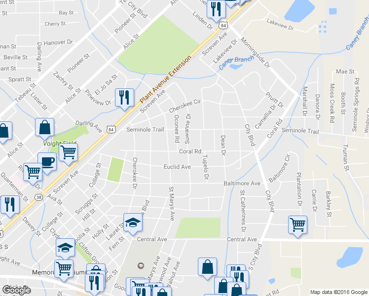 map of restaurants, bars, coffee shops, grocery stores, and more near 809 Coral Road in Waycross