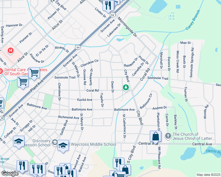 map of restaurants, bars, coffee shops, grocery stores, and more near 1017 Coral Road in Waycross