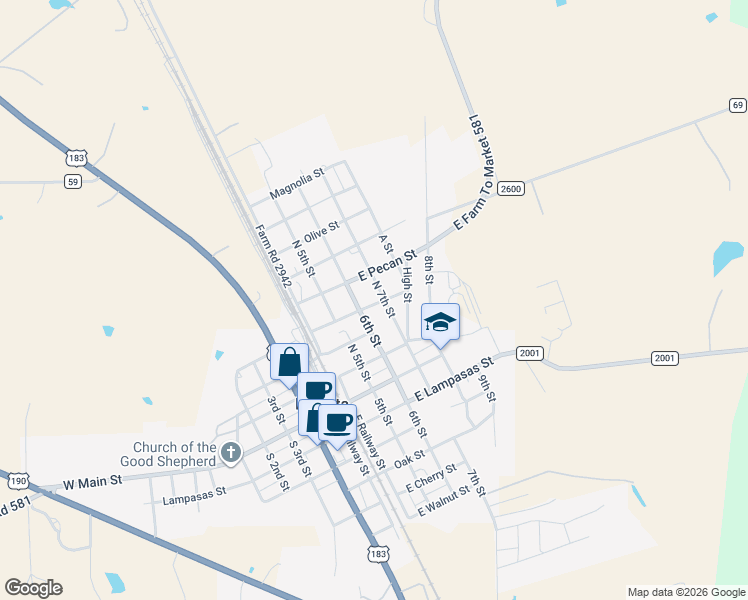 map of restaurants, bars, coffee shops, grocery stores, and more near 303 Cedar Street in Lometa