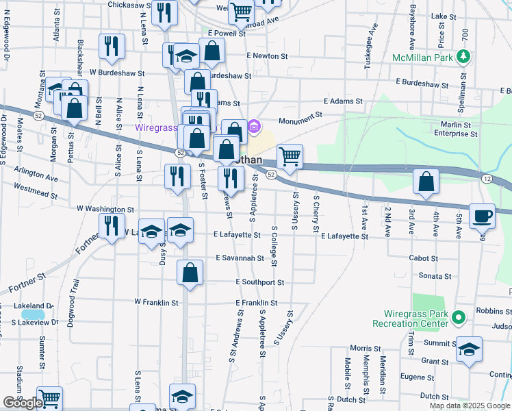 map of restaurants, bars, coffee shops, grocery stores, and more near 212 South Appletree Street in Dothan