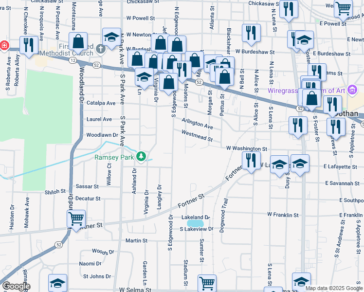 map of restaurants, bars, coffee shops, grocery stores, and more near 606 Moates Street in Dothan