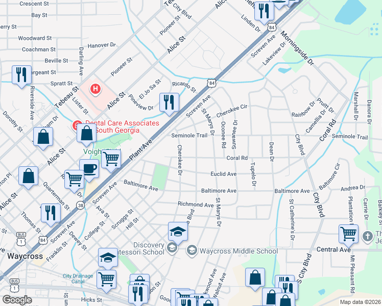 map of restaurants, bars, coffee shops, grocery stores, and more near 1500 Satilla Boulevard in Waycross