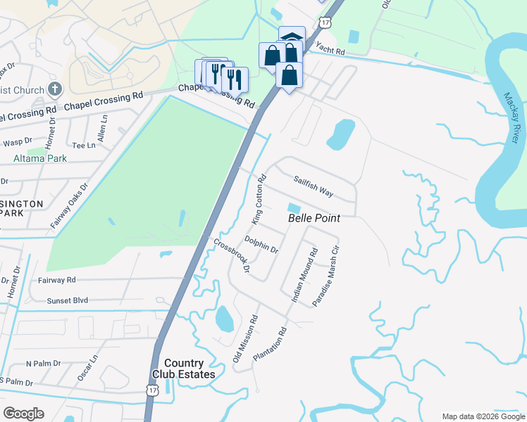 map of restaurants, bars, coffee shops, grocery stores, and more near 104 Seahorse Drive in Brunswick