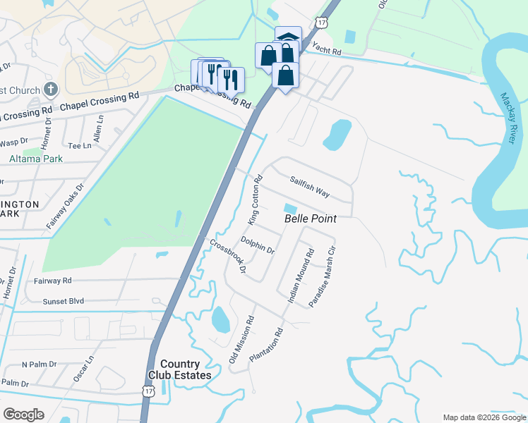 map of restaurants, bars, coffee shops, grocery stores, and more near 104 Seahorse Drive in Brunswick