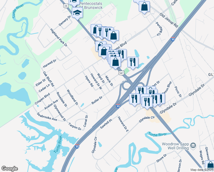 map of restaurants, bars, coffee shops, grocery stores, and more near 407 Ward St in Brunswick