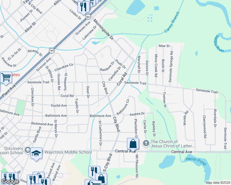 map of restaurants, bars, coffee shops, grocery stores, and more near 1300-1398 Coral Road in Waycross
