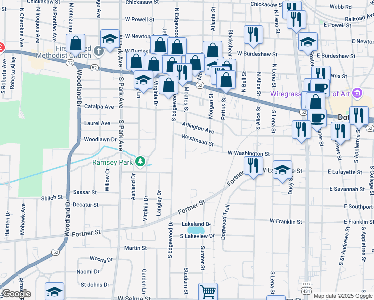 map of restaurants, bars, coffee shops, grocery stores, and more near 606 Moates St in Dothan