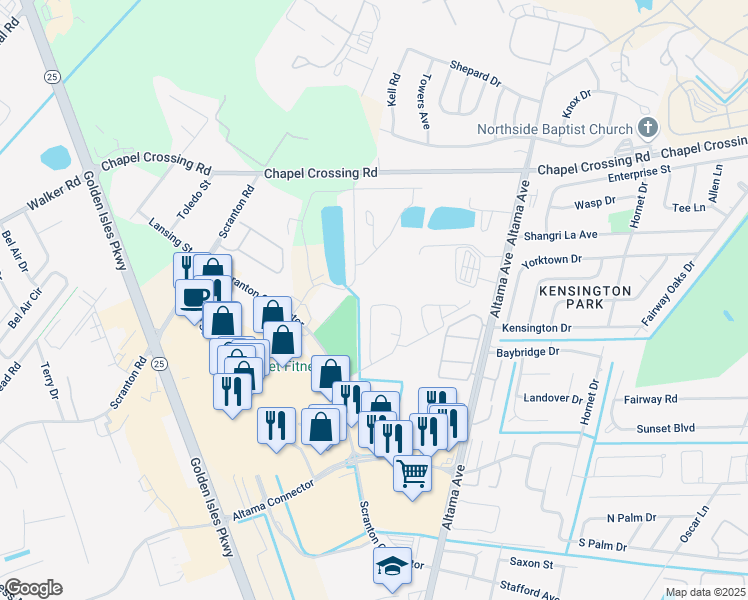 map of restaurants, bars, coffee shops, grocery stores, and more near 164 Peppertree Crossing Avenue in Brunswick