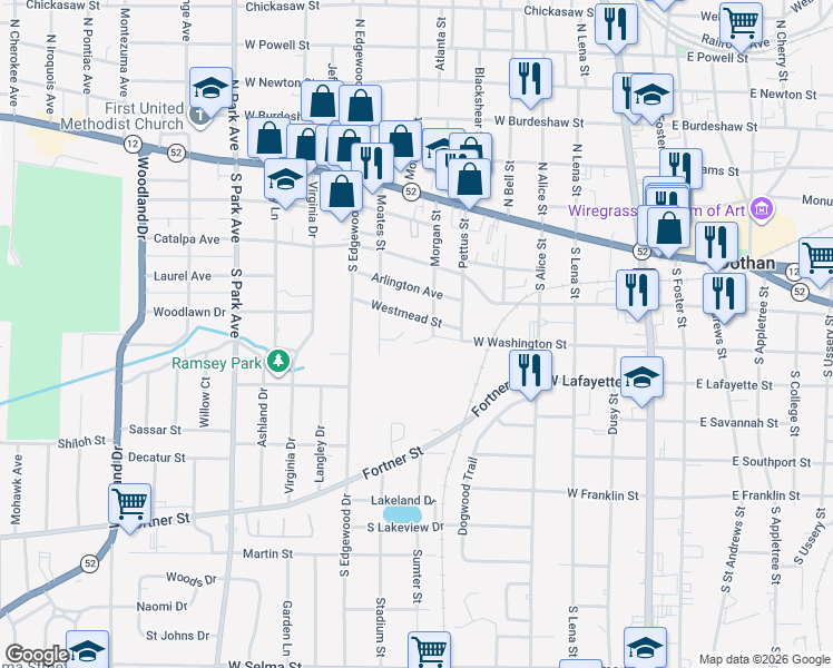 map of restaurants, bars, coffee shops, grocery stores, and more near 601 Moates Street in Dothan