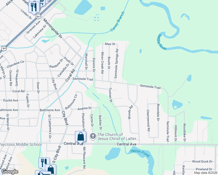 map of restaurants, bars, coffee shops, grocery stores, and more near 1811 Johns Avenue in Waycross
