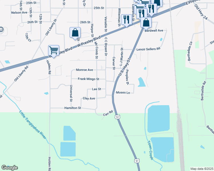map of restaurants, bars, coffee shops, grocery stores, and more near 1611 C C Bryant Drive in McComb