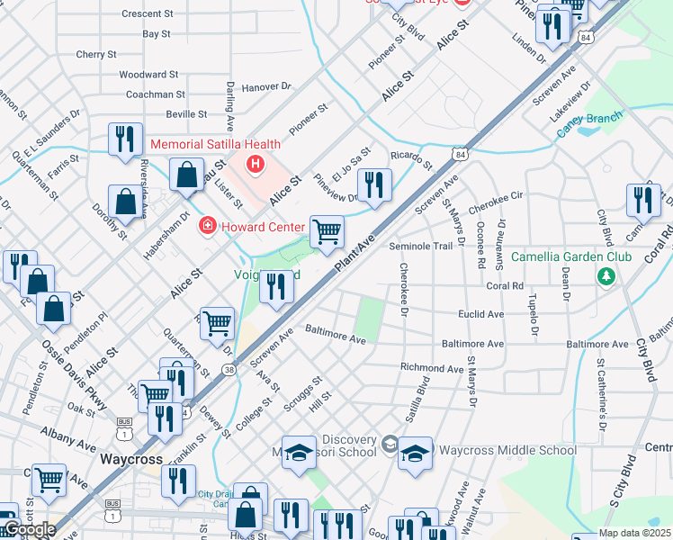 map of restaurants, bars, coffee shops, grocery stores, and more near 1312 Plant Avenue in Waycross
