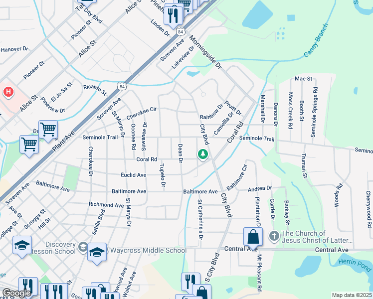 map of restaurants, bars, coffee shops, grocery stores, and more near 1017 Coral Road in Waycross