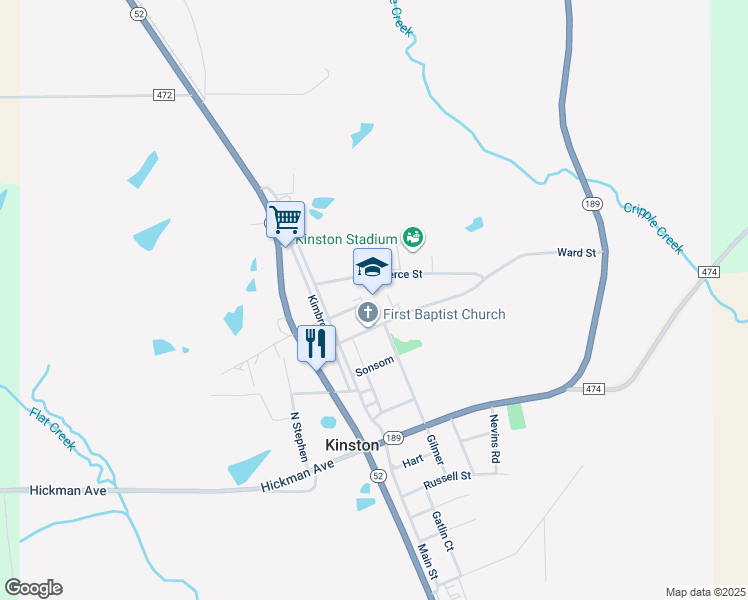 map of restaurants, bars, coffee shops, grocery stores, and more near 201 College Street in Kinston