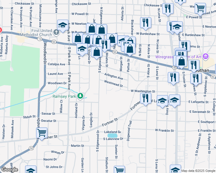 map of restaurants, bars, coffee shops, grocery stores, and more near 601 Moates Street in Dothan