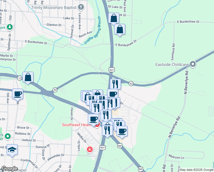 map of restaurants, bars, coffee shops, grocery stores, and more near 998 Ross Clark Circle in Dothan