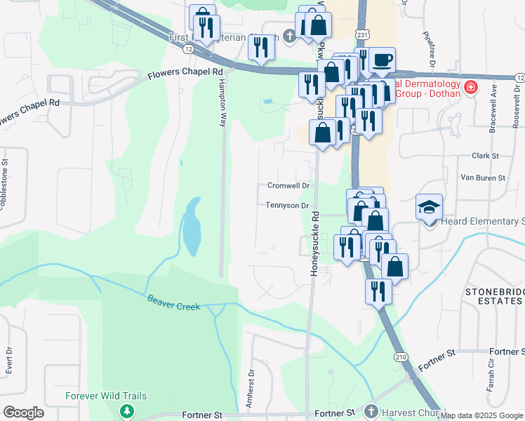 map of restaurants, bars, coffee shops, grocery stores, and more near 3215 Tennyson Drive in Dothan
