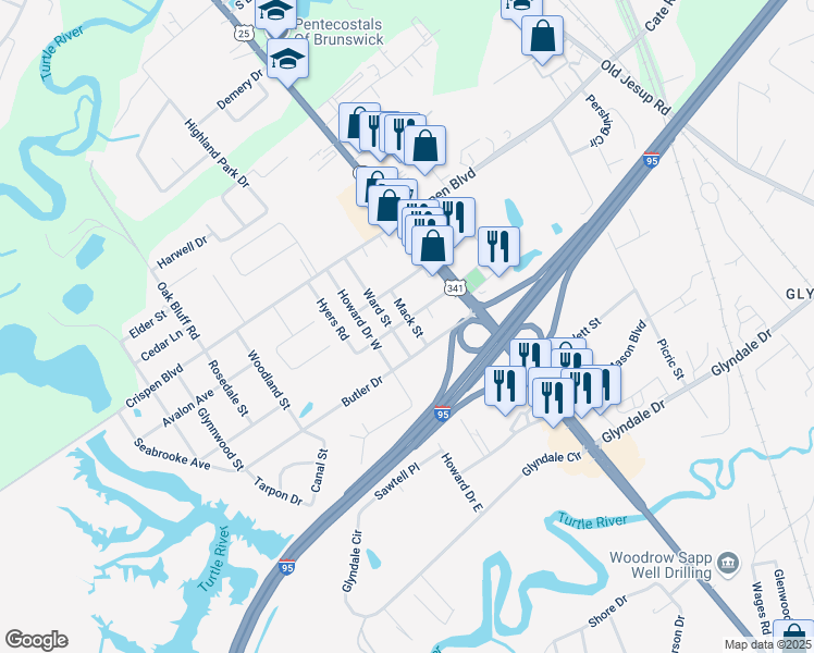 map of restaurants, bars, coffee shops, grocery stores, and more near 407 Ward Street in Brunswick