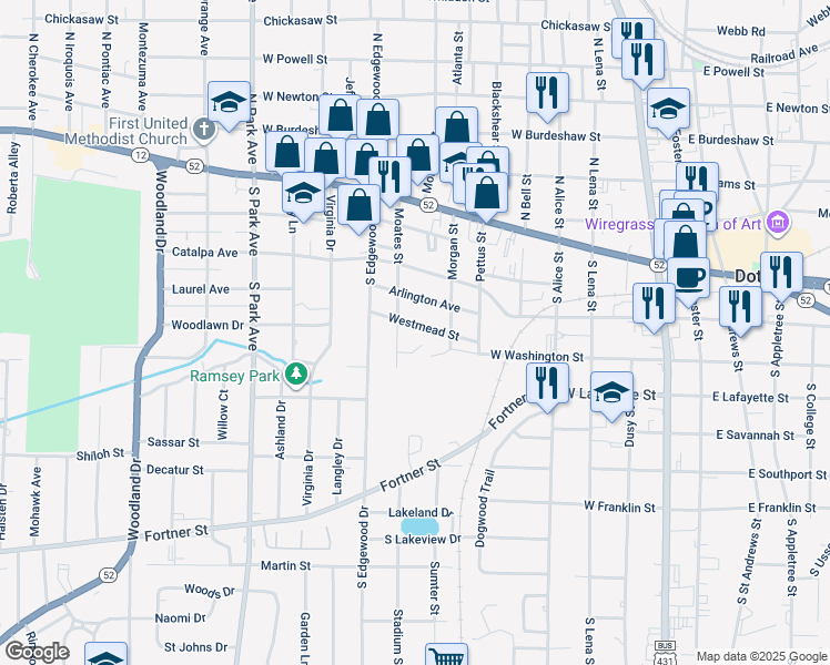 map of restaurants, bars, coffee shops, grocery stores, and more near 601 Moates Street in Dothan