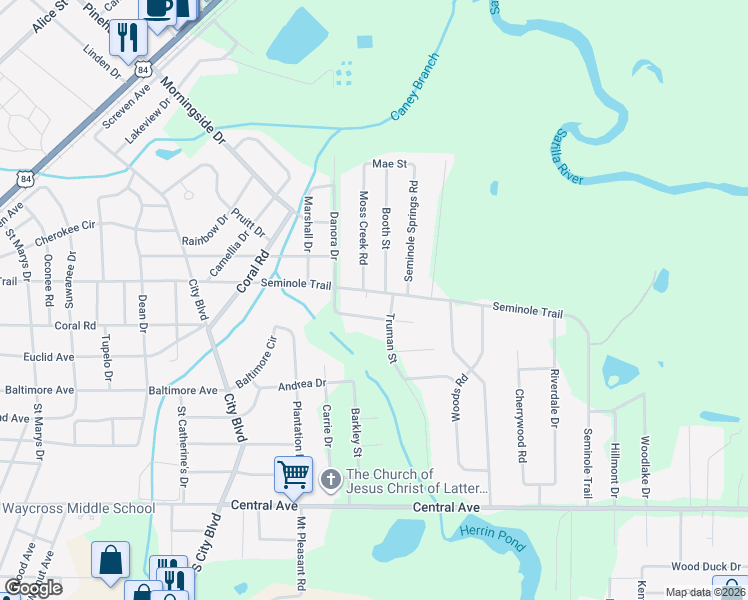 map of restaurants, bars, coffee shops, grocery stores, and more near 1811 Johns Avenue in Waycross