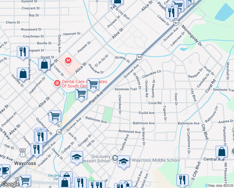 map of restaurants, bars, coffee shops, grocery stores, and more near 1500 Cherokee Drive in Waycross