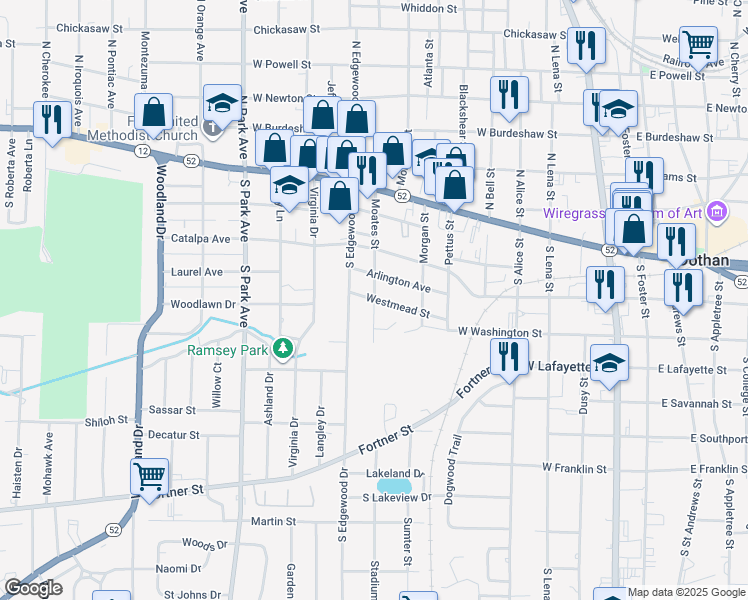 map of restaurants, bars, coffee shops, grocery stores, and more near 800 Westmead Street in Dothan