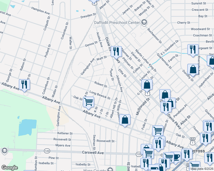 map of restaurants, bars, coffee shops, grocery stores, and more near 1109 Porter Street in Waycross