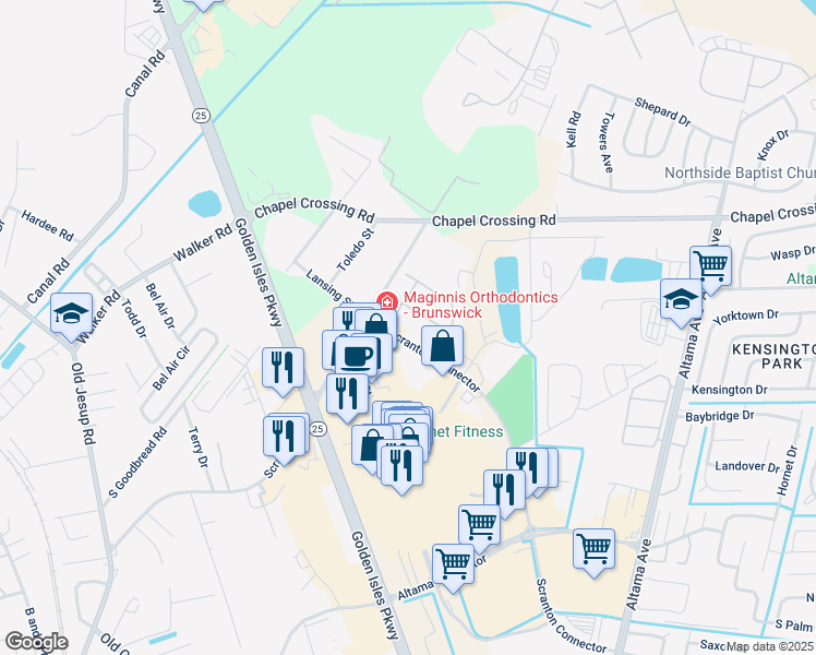 map of restaurants, bars, coffee shops, grocery stores, and more near 232 Scranton Connector in Brunswick