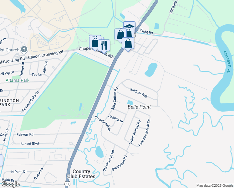 map of restaurants, bars, coffee shops, grocery stores, and more near 101 Belle Point Parkway in Brunswick