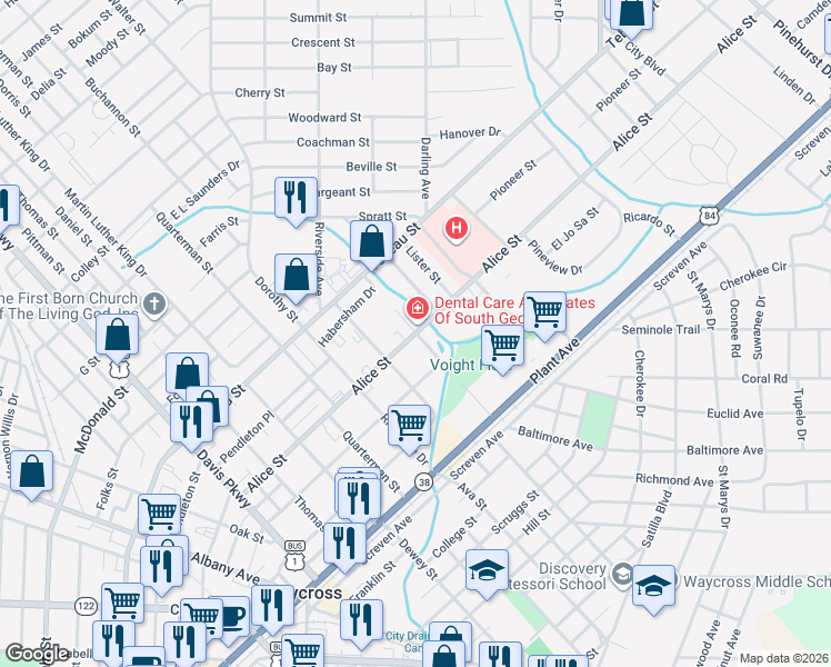 map of restaurants, bars, coffee shops, grocery stores, and more near Uvalda Street in Waycross